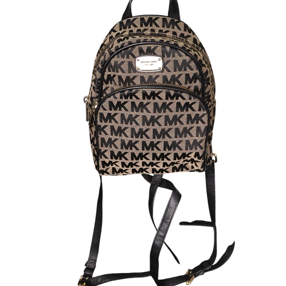 Michael Kors Abbey Mini Backpack Beige Black MK Signature Jacquard Gold Bag EUC